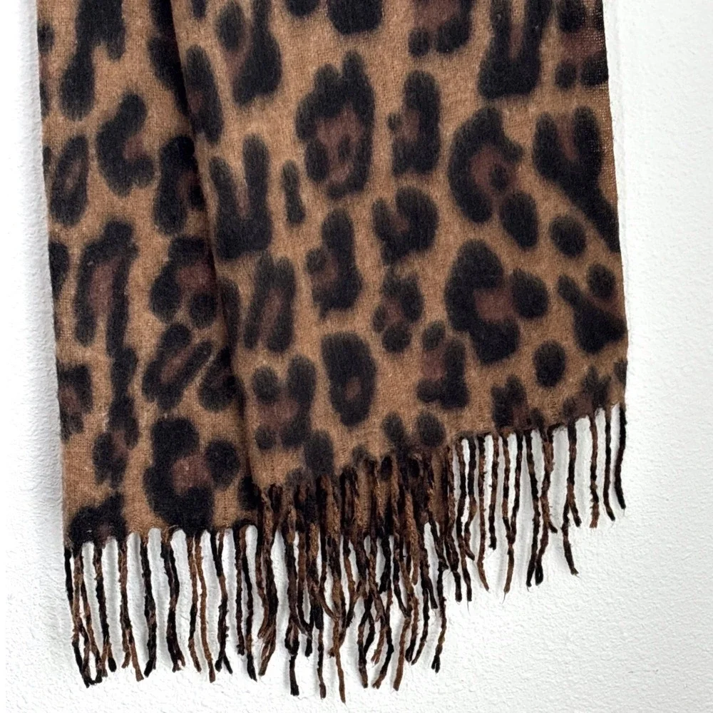 Oversized Leopard Print Scarf Brown Black Animal Print Fringe Shawl Wrap 86x24